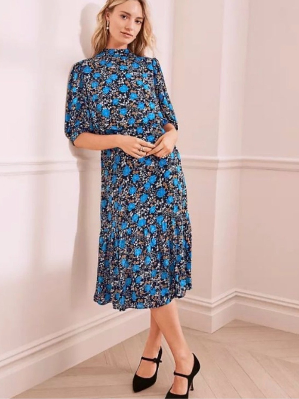 Ann Taylor Floral Blouson Mock Neck Midi Dress Blue Size 2